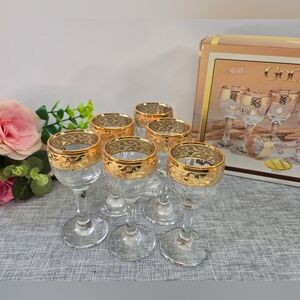 Vintage Set Of 6 Gold Trimmed Crystal Pedestal Stemmed Liquor Glasses Italy